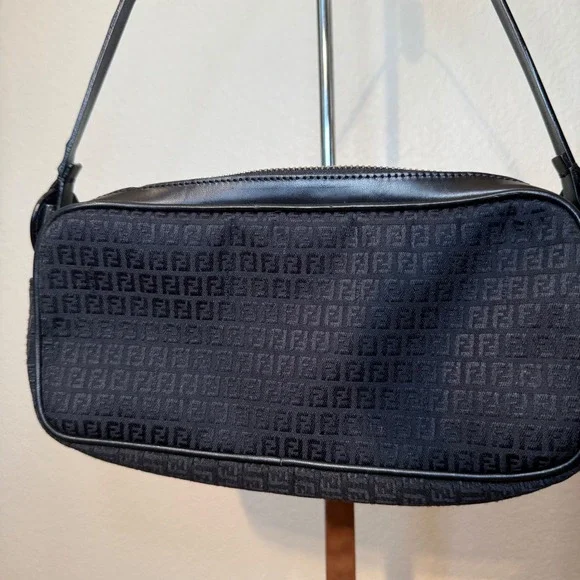 Vintage Fendi Zucca Zucchino Canvas Baguette Bag Black FF Monogram Double Zip - Picture 2 of 15